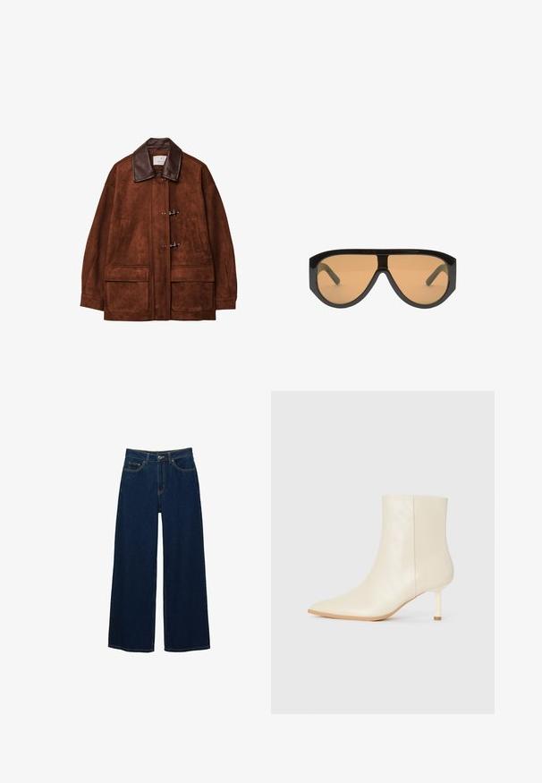 Hnědá nubuková bunda s hnědým koženým límcem, vybavená uzávěry na knoflíky a dvěma velkými předními kapsami. Hladká textura a volný střih.; Kratší rukáv, tmavě burgundská polo košile vyrobená z texturované látky, s V výstřihem, třemi knoflíky a pevným límcem.; Široké tmavě modré džíny vyrobené z denimu, s vysokým pasem, kontrastním prošíváním, předními kapsami a zapínáním na knoflík a zip.; Krémová kotníková bota s špičatou špičkou a štíhlým středně vysokým podpatkem, hladká textura, zobrazená z vnější strany na bílém pozadí.; Černé oversized sluneční brýle s hnědými skly, které mají široké, úhlové rámy a rovné nožičky. Hladký lesklý povrch, minimální hardware.