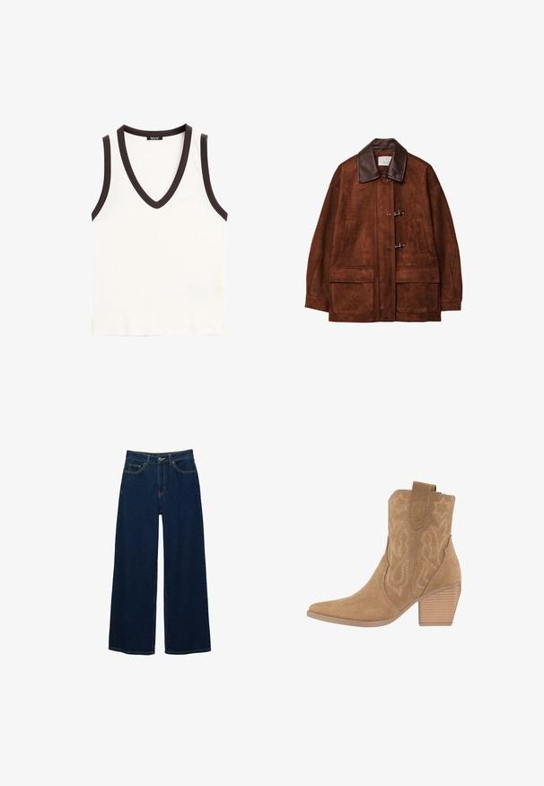 Brown suede jacket with a brown leather collar, featuring toggle closures and two large front pockets. Smooth texture and oversized design.; Sleeveless white tank top with deep V-neck and dark brown trim around neckline and armholes.; Checked beige shirt featuring brown and blue plaid patterns, collar, and button closure. Made of soft fabric with a smooth texture.; Wide-leg dark blue jeans made of denim, featuring a high waist, contrast stitching, front pockets, and a button zipper closure.; Tan suede ankle boots with a pointed toe, decorative stitching, and a stacked wooden heel. Side pull tab for easy wear.