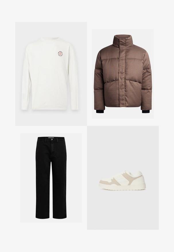 Giubbotto imbottito a quadri in tonalità di marrone e crema, con colletto alto, tasche frontali e polsini elasticizzati per una vestibilità aderente.; Maglione a maglia color beige con motivi testurizzati. Presenta un colletto rotondo, polsini a costine e diverse trame a trecce sul davanti.; Camicia bianca a maniche lunghe con una piccola grafica di un globo rosso e la scritta nera "IL MONDO STA ASPETTANDO" sul lato sinistro del petto.; Pantaloni in denim nero con taglio dritto, design classico a cinque tasche e chiusura con bottone in vita. Tessuto liscio e materiale resistente.; Sneaker bianca e beige caratterizzata da una combinazione di texture liscia e scamosciata, punta rotonda, chiusura con lacci e suola in gomma piatta.