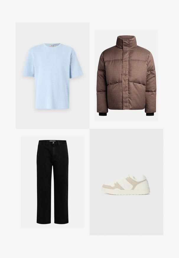 Patikrinta pūkinė striukė rudos ir kreminės spalvos atspalvių, turinti aukštą apykaklę, priekinės kišenes ir elastingas rankoves, užtikrinančias tvirtą prigludimą.; Bežinė megzta palaidinė su tekstūruotais raštais. Yra apvalus iškirpimas, smulkiai raizgotos rankovės ir įvairūs kabeliniai raštai priekyje.; Šviesiai mėlynas trumpomis rankovėmis marškinėliai, pagaminti iš tekstūrinio megztinio audinio su horizontaliomis juostelėmis. Apvalus iškirpimas ir laisvas siluetas.; Juodi džinsai su tiesiu kirpimu, klasikinio penkių kišenių dizainu ir mygtuko užsegimu juosmens zonoje. Lygus tekstūras ir patvari medžiaga.; Baltos ir smėlio spalvos sportbačiai, turintys sklandžių ir zomšinių tekstūrų derinį, apvalūs pirštai, su raištelių užsegimu ir plokščiu guminio pado dizainu.