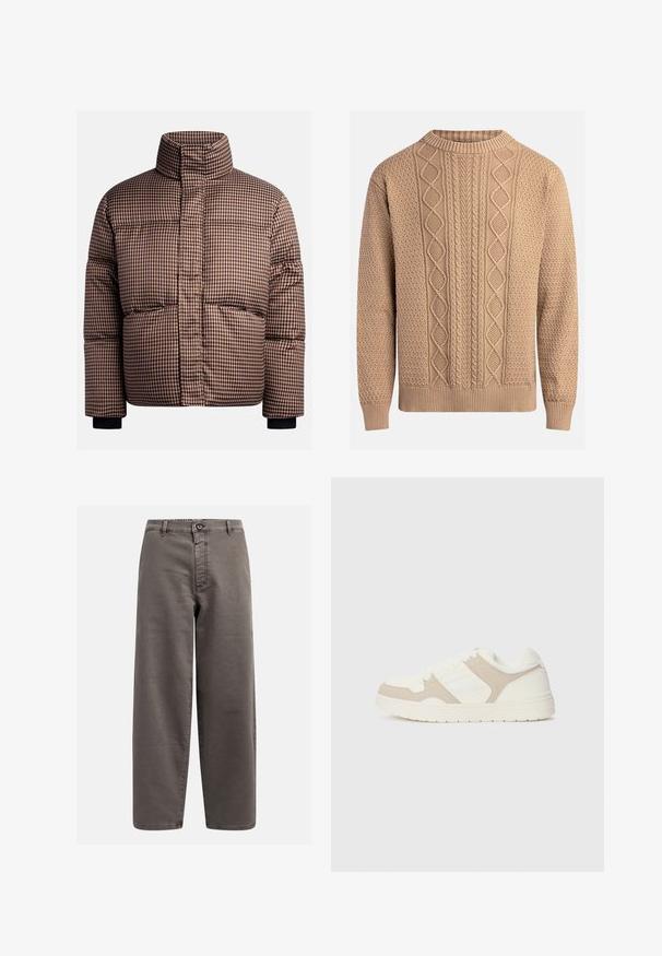 Jachetă puffer cu carouri în nuanțe de maro și crem, având un guler înalt, buzunare frontale și manșete elastice pentru o fit strâns.; Pulover tricotat de culoare bej, cu modele texturate. Prezintă un guler rotund, mansete ribbate și diverse modele de tricotaj în cablu pe partea din față.; Pantaloni gri cu picioare largi, confecționați dintr-un amestec de bumbac; caracteristici includ închidere cu nasture, bucle pentru curea și buzunare frontale; textură netedă și durabilă.; Adidași albi și bej, cu o combinație de texturi netede și din suede, vârf rotund, închidere cu șireturi și talpă plată din cauciuc.