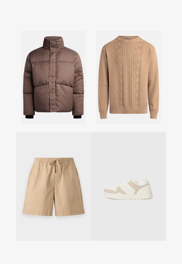 Jachetă puffer cu carouri în nuanțe de maro și crem, având un guler înalt, buzunare frontale și manșete elastice pentru o fit strâns.; Pulover tricotat de culoare bej, cu modele texturate. Prezintă un guler rotund, mansete ribbate și diverse modele de tricotaj în cablu pe partea din față.; Șorturi bej din bumbac, cu un talie elastică și șnur ajustabil, dotate cu buzunare laterale și croială lejeră. Textură netedă, lungime până la genunchi.; Adidași albi și bej, cu o combinație de texturi netede și din suede, vârf rotund, închidere cu șireturi și talpă plată din cauciuc.