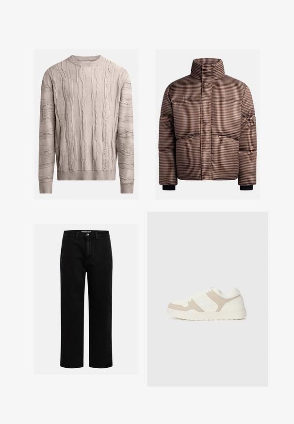 Puffa jaka brūnos un krēmkrāsas toņos ar augstu apkakli, priekšējām kabatām un elastīgām aprocēm ciešai piegulšanai.; Gai bēša adīta jakas ar teksturētām, paceltām rakstām. Garas piedurknes, ribota kakla izgriezuma un apakšmalas. Audums izskatās mīksts ar nedaudz neregulāru dizainu.; Melni denim šorti ar taisnu kāju griezumu, klasiska piecu kabatu dizaina un pogas aizdari viduklī. Gluda tekstūra un izturīgs audums.; Baltas un bežs kedas ar gludu un zamšveida tekstūru apvienojumu, apaļu purngali, saiteņu aizdari un platu gumijas zoli.