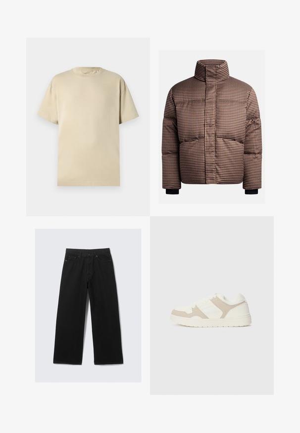 Tarkistettu puhallettava takki ruskean ja kermaisen sävyissä, jossa on korkea kaulus, etutaskut ja joustavat hihansuut tiiviin istuvuuden saavuttamiseksi.; Beige puuvillane T-särk, millel on ümmargune kaelus, lühikesed varrukad ja lõtv sobivus. Sile tekstuur, ilma nähtavate mustrite või aktsendideta.; Mustat leveälahkeiset farkut, joissa on klassinen viiden taskun muotoilu ja jämäkkä vyötärönauha vyölenkeillä.; Valkoiset ja beigeit tennarit, joissa on yhdistelmä sileitä ja mokkapintaisia tekstejä, pyöreä kärki, nauhakiinnitys ja litteä kumipohja.