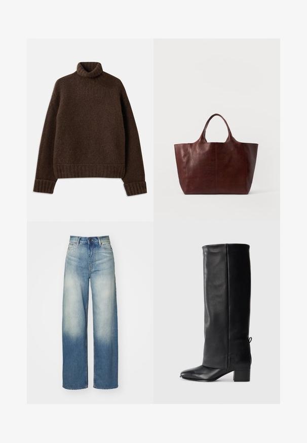 Veste légère marron avec un col, des manches longues et deux poches avant. Fabriquée dans un tissu lisse et texturé.; Pull col roulé marron avec un motif de tricot texturé. Présente des poignets et un ourlet côtelés, et une coupe légèrement ample. Matière douce et confortable.; Jean larges bleu clair à taille haute, en denim, avec un dégradé délavé, cinq poches et des accents en métal.; Bottes noires en cuir, montantes jusqu'au genou, avec une finition lisse, un bout carré, un talon carré et un détail de lacet sur le côté pour un ajustement réglable.; Sac fourre-tout en cuir brun avec une texture lisse, un corps large et deux poignées courtes. Présente des coutures minimalistes, sans quincaillerie ou accents visibles.