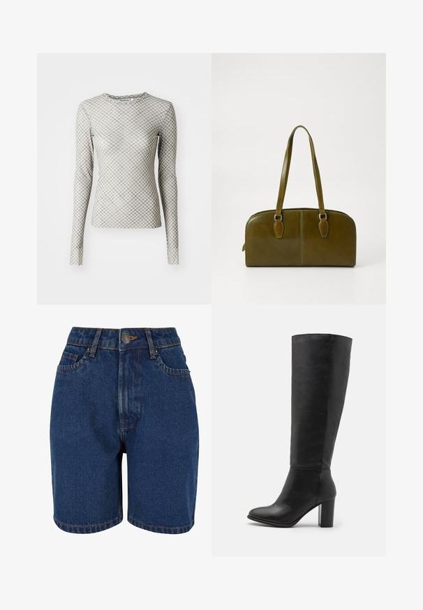 Ruda, lengva striukė su apykakle, ilgomis rankovėmis ir dviem priekiniais kišeniais. Pagaminta iš lygaus, tekstūrinio audinio.; Šviesiai pilka ilgomis rankovėmis viršutinė dalis su geometrine rombo raštu tamsiai pilkos spalvos ir žaliu akcentu, su apvaliu iškirpimu ir prigludusiu siluetu.; Džinsiniai šortai, turintys tamsiai mėlyną spalvą, aukštą liemenį, penkių kišenių dizainą ir kontrastingus oranžinius siūlus. Audinys atrodo tekstūruotas.; Juodas iki kelių siekiantis batų stilius, pagamintas iš lygaus odos, su masyviu kulnu ir apvaliu pirštu. Minimalistinis dizainas be matomų detalių ar papuošimų.; Alyvuogių žalio odinio rankinės, su išlenkta forma, dviem rankenomis ir vientisu priekiniu paviršiumi. Pasižymi lygiu paviršiumi ir subtiliomis siuvimo detalėmis.; Sidabro spalvos auskarų rinkinys: dvi ovalios sagtys ir dvi pusmėnulio formos apyrankės, pasižyminčios blizgiu, lygiu paviršiumi ir suapvalinta forma.