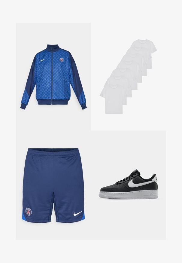 Niebieska kurtka na zamek błyskawiczny z geometrycznym wzorem, z wysokim kołnierzem i elastycznymi mankietami. Logo Nike z przodu, a także odznaka tematyczna związana z Paryżem.; Białe bawełniane koszulki, krótki rękaw, design z okrągłym dekoltem, gładka faktura, ułożone w rzędzie, z subtelnym logo przy dekolcie.; Granatowe szorty piłkarskie wykonane z oddychającego materiału, z niebieskim akcentem na dolnym brzegu i okrągłym logo Paryża na lewej udzie, z białym znakiem Nike.; Czarne skórzane trampki o teksturowanej powierzchni, białe logo Nike, szara podeszwa, okrągły czubek i sznurowany design. Posiada perforacje na nosku.