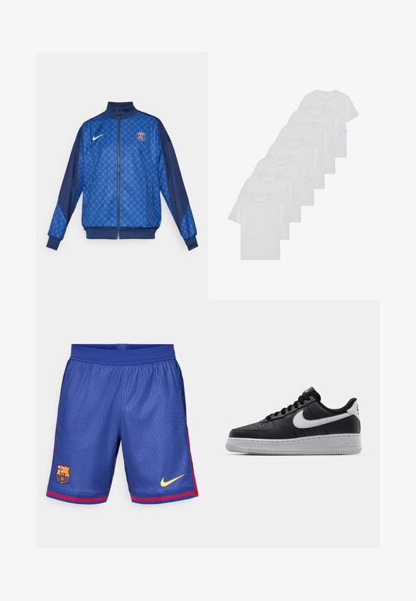 Chaqueta azul con cremallera y patrón geométrico, que presenta un cuello alto y puños elásticos. Logo de Nike en el frente, junto con una insignia temática de París.; Camisetas de algodón blancas, de manga corta, con diseño de cuello redondo, textura lisa, apiladas en una fila, con un sutil logo en el cuello.; Pantalones cortos de fútbol azules con tela de malla, con un acento lateral de rayas rojas, logotipo de Barcelona y el swoosh amarillo de Nike.; Zapatilla negra de cuero con superficie texturizada, logo de Nike en blanco, suela gris, puntera redonda y diseño de encaje. Presenta perforaciones en la puntera.