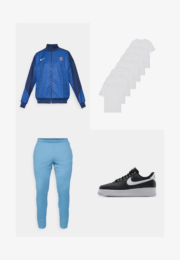 Blauwe ritjack met geometrisch patroon, voorzien van een hoge kraag en elastische manchetten. Nike-logo op de voorkant, samen met een badge met een Parijs-thema.; Witte katoenen T-shirts, korte mouwen, ronde halsontwerp, eenvoudige textuur, gestapeld in een rij, met subtiele branding bij de hals.; Lichtblauwe Nike-zweetbroek met elastische tailleband, slim fit en logo-accent nabij de linkerheup. Gladde stof zonder zichtbare patronen.; Zwarte lederen sneaker met een textuur oppervlak, witte Nike swoosh, grijze zool, ronde neus en vetersluiting. Bevat perforaties op de neus.