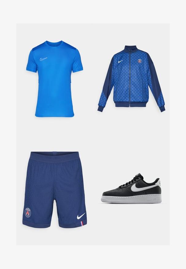 Blue zip-up jacket with geometric pattern, featuring a high collar and elastic cuffs. Nike logo on front, along with a Paris-themed badge.; Blue athletic T-shirt made of lightweight fabric with short sleeves, rounded neckline, and white Nike logo on the chest. Smooth texture.; Navy blue sports shorts made of textured fabric, featuring a Nike logo, Paris emblem, and a red-blue-white accent on the hem.; Black leather sneaker with textured surface, white Nike swoosh, gray sole, round toe, and lace-up design. Features perforations on toe box.