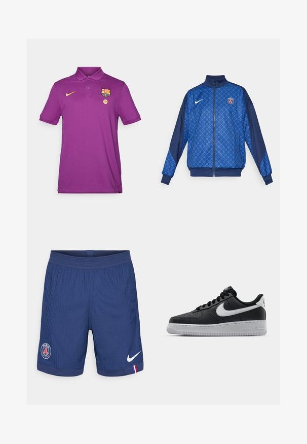 Modrá bunda na zips s geometrickým vzorom, s vysokým golierom a elastickými manžetami. Na prednej strane je logo Nike spolu s odznakom s parížskou tématikou.; Fialová polo košeľa vyrobená z bavlny s golierom, na hrudi s žltým logom Nike, erbom FC Barcelona a emblemom Spotify.; Námorníckomodré športové šortky vyrobené z textúrovanej látky, s logom Nike, emblémom Paríža a červenobielo-modrým akcentom na leme.; Čierne kožené tenisky s textúrovaným povrchom, biely Nike swoosh, šedá podrážka, okrúle špičky a šnurovací dizajn. Obsahuje perforácie na špičke.
