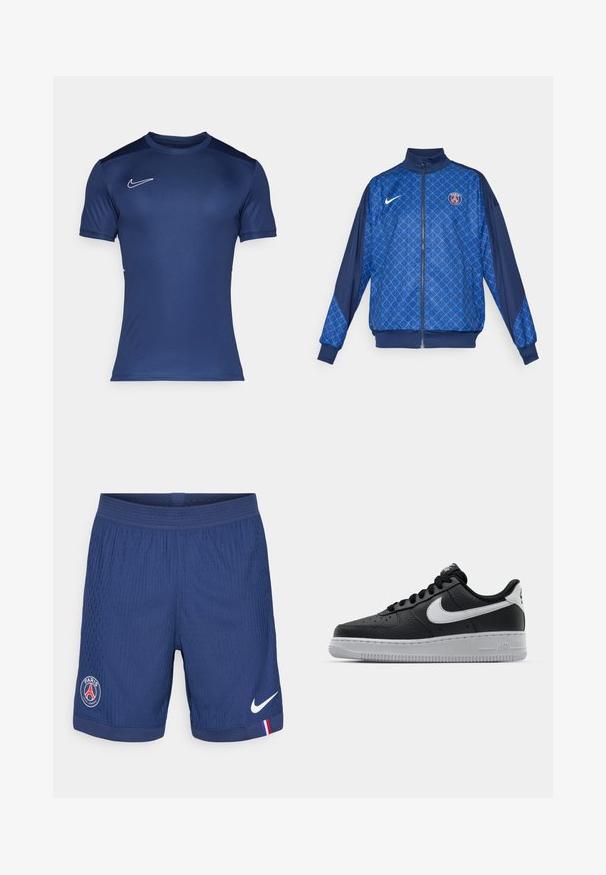 Jacket albastru cu fermoar, decorat cu un model geometric, având un guler înalt și manșete elastice. Logo-ul Nike pe față, împreună cu un distintiv tematic Paris.; Tricou sportiv cu mânecă scurtă de culoare bleumarin, fabricat dintr-un material neted. Prezintă un logo alb Nike pe partea superioară stângă a pieptului și umeri în contrast.; Șorturi sport de culoare bleumarin, dintr-un material texturat, cu un logo Nike, un emblemă Paris și un accent roșu-albastru-alb pe margine.; Sneaker din piele neagră, cu o suprafață texturată, swoosh alb de la Nike, talpă gri, bot rotund și sistem de șireturi. Prezintă perforații în zona vârfului.