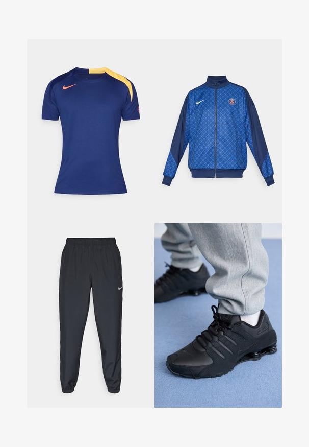 Chaqueta azul con cremallera y patrón geométrico, que presenta un cuello alto y puños elásticos. Logo de Nike en el frente, junto con una insignia temática de París.; Camiseta deportiva de manga corta azul marino con un panel amarillo en el hombro y el logo de Nike en rojo en el pecho y la manga.; Pantalones deportivos negros hechos de tela ligera con una cinturilla elástica, puños en los tobillos y un discreto logo de Nike en el lado izquierdo.; Persona vestida con zapatillas Nike Shox negras y pantalones de chándal grises, de pie sobre una alfombra azul claro.