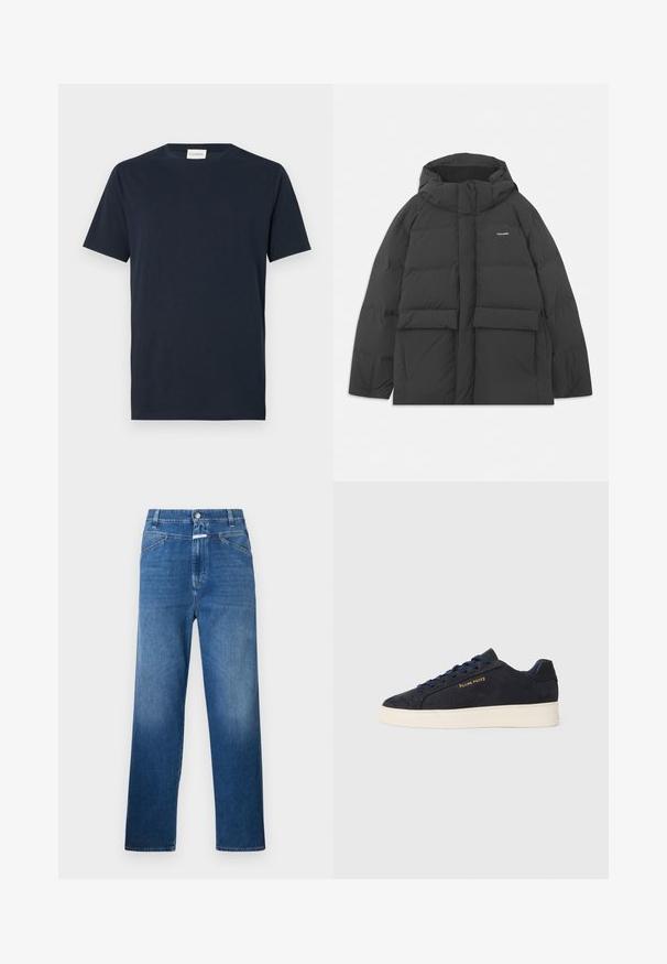 Black puffer jacket with a hood, featuring a boxy shape, quilted texture, two front pockets, and a logo on the upper left side.; Navy blue short-sleeve T-shirt made from soft cotton. Features a crew neckline and a simple, clean design without patterns or accents.; Blue denim jeans with a straight-leg cut, featuring a button closure, belt loops, and subtle fading on the thighs.; Navy blue suede low-top sneaker with white sole, navy laces, and "Filling Pieces" logo in gold on the side.