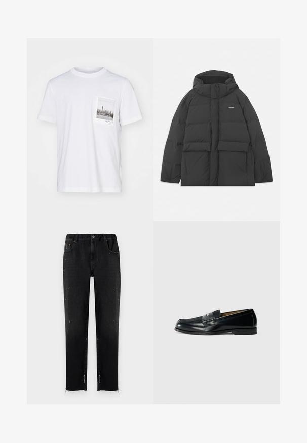 Black puffer jacket with a hood, featuring a boxy shape, quilted texture, two front pockets, and a logo on the upper left side.; Helmut Lang POSTCARD SKYLINE - Print T-shirt - white; Black jeans made of denim with elastic waistband, straight cut, distressed detailing, and frayed hem. Features pockets and button closure.; Black leather loafer with textured upper, braided accent, and smooth finish. Low profile heel and minimalistic design.