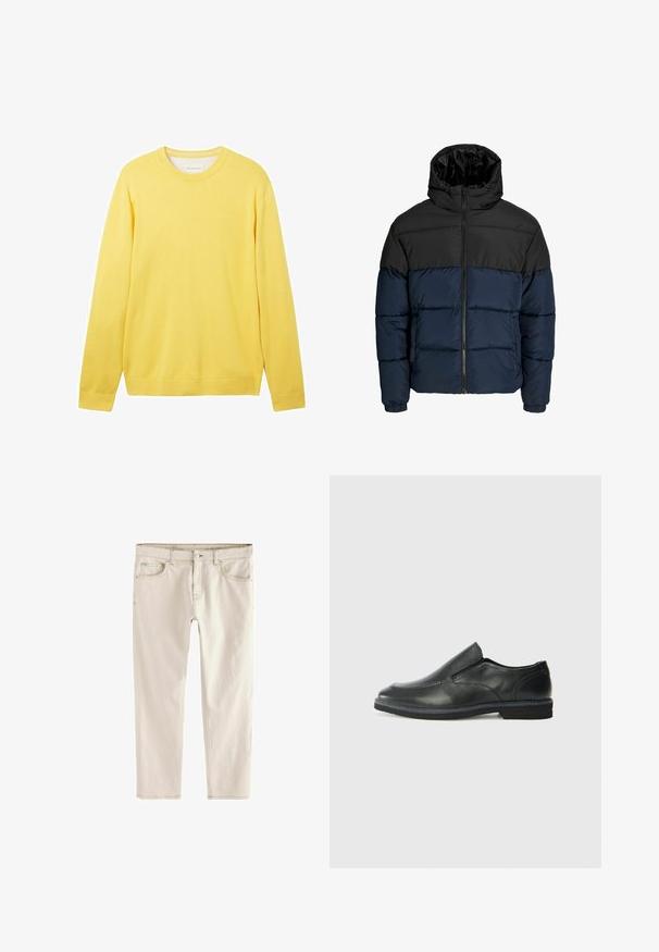 Chaqueta tipo puff con una sección superior negra y una sección inferior azul marino. Cuenta con un cierre de cremallera, capucha y puños elásticos. Textura suave y acolchada.; Suéter amarillo de manga larga hecho de una tela suave y ligera. Presenta un cuello redondo, puños acanalados y un logo sutil en la parte frontal.; Jeans de corte slim en beige claro con pierna recta, cinco bolsillos, cierre de botón y cremallera, y costuras reforzadas a lo largo de las costuras.; Zapato negro de cuero sin cordones con un upper suave, detalles de costura, punta redonda y un bajo tacón de goma. La suela presenta una tracción mínima.