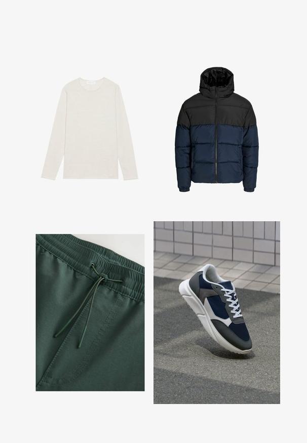 Giubbotto imbottito con la parte superiore nera e la parte inferiore blu navy. Presenta una chiusura con zip, cappuccio e polsini elastici. Texture liscia e imbottita.; T-shirt a maniche lunghe color crema realizzato in morbido tessuto a maglia. Presenta un collo tondo e una vestibilità comoda, senza motivi o dettagli visibili.; Pantaloni corti sportivi con elastico verde scuro in vita, dotati di cordino, texture liscia e cuciture visibili. Design semplice e funzionale.; Sneaker con tomaia in rete blu navy, inserti in suede grigio, suola in gomma bianca e lacci bianchi piatti, progettata per comfort e traspirabilità.