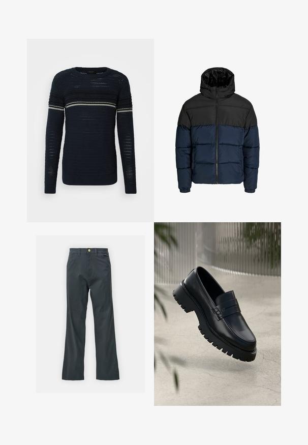 Jakna s punjenjem koja ima crni gornji deo i tamnoplavi donji deo. Ima zatvaranje na rajsferšlus, kapuljaču i elastične manžete. Glatka, podstavljena tekstura.; Mornarska pletena majica sa okruglim izrezom, s horizontalnim prugama svjetlijih nijansi i teksturiranim uzorkom kroz cijelu majicu. Dugi rukavi.; Crne hlače s ravnim krojem, napravljene od tkanine s pamukom. Imaju metalnu dugmad za zatvaranje i bočne džepove. Nema vidljivih uzoraka.; Crne kožne mokasine s debelim đonom, s dekorativnom trakom i detaljima šivanja. Glatka tekstura s sjajnim finišem.