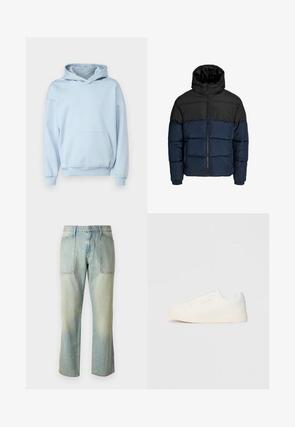 Puffjakker, mille ülemine osa on must ja alumine osa meri sinine. Omab lukuga sulgemist, kapuutsi ja elastseid mansette. Sile, polsterdatud tekstuur.; Only & Sons ONSCONNOR - Kapuutsiga pusa - skyway; Hele sinine denimist teksad sirge säärega, nähtavate õmblustega ja kahe suuri esikotti. Kude on pleekinud tekstuuriga.; Valged libisemiskindlad tossud tekstuuriga pinnaga, paksu tallaga ja minimalistikus disainis. Küljel on brändi logo.