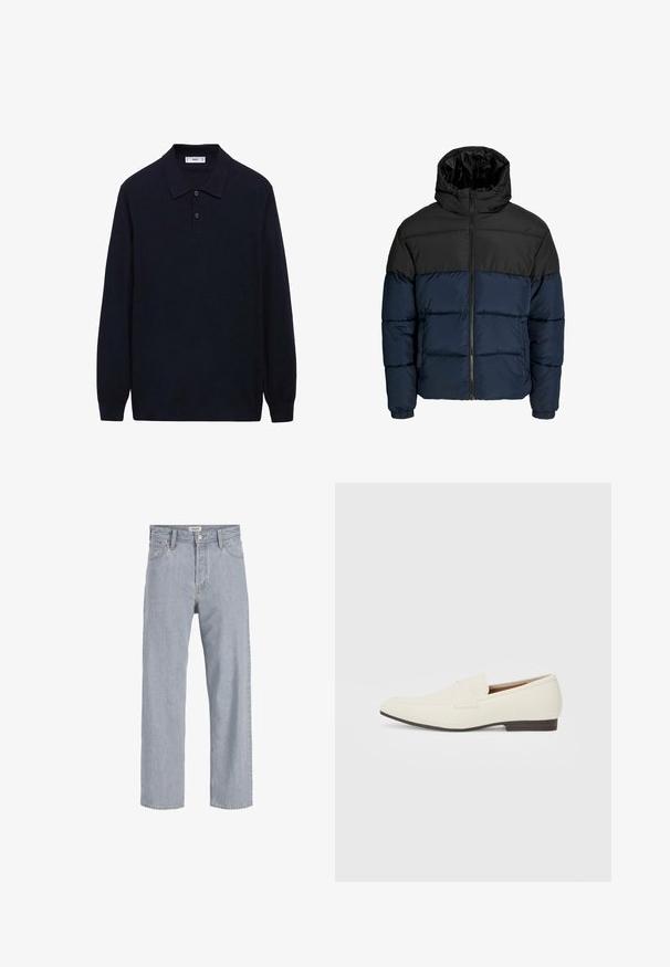 Kurtka puchowa z czarną górną częścią i granatową dolną częścią. Posiada zamek błyskawiczny, kaptur i elastyczne mankiety. Gładka, pikowana tekstura.; Granatowa, długozdaniowa koszula polo wykonana z teksturowanej tkaniny. Posiada klasyczny kołnierzyk z dwoma guzikami i prosty dół. Prosty design.; Jasnoniebieskie dżinsy o luźnym kroju, prostych nogawkach, widocznym szwie, dwóch przednich kieszeniach i zapięciu na guzik.; Jasne beżowe mokasyny z wąskim noskiem, gładkim materiałem, paskiem na wierzchu stopy oraz niską brązową podeszwą. Prosty design z minimalnymi akcentami.