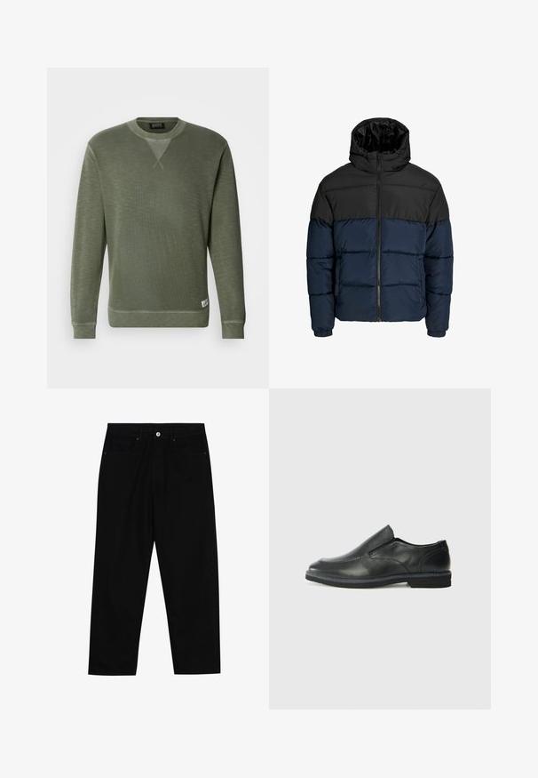 Pufferjakke med en sort overdel og en marineblå underdel. Har en lynlåslukning, hætte og elastiske manchetter. Glat, polstret tekstur.; Grøn sweatshirt lavet af tekstureret stof, med rund halsudskæring, lange ærmer og et lille mærke nederst til venstre.; Sorte denimbukser med lige ben, fem lomme-design og knaplukning foran. Glat tekstur med minimale syninger.; Sorte læder slip-on sko med en glat overdel, syede detaljer, rund tå og en lav gummihæl. Sålen har minimal profil.