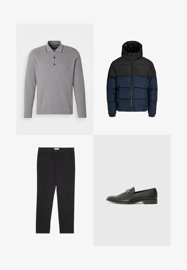 Fújtatott dzseki fekete felső résszel és tengerészkék alsó résszel. Cipzáras záródással, kapucnival és elasztikus mandzsettákkal rendelkezik. Simább, párnázott textúra.; Szürke, hosszú ujjú pólóing három gombos kivágással, kontrasztos gallérdíszítéssel és texturált anyagú felülettel.; Fekete pamut nadrág, slim fit fazonban, két oldalsó zsebbel és elülső gombos zárással. Textúrált anyag finom részletekkel.; Fekete bőr loaferek sima felülettel, varrott mintával és díszítő fém lánccal a cipő elején. Lapos sarok.