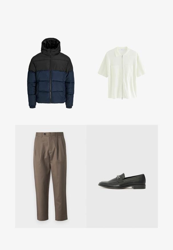 Puffjakker, mille ülemine osa on must ja alumine osa meri sinine. Omab lukuga sulgemist, kapuutsi ja elastseid mansette. Sile, polsterdatud tekstuur.; Lühikeste varrukate ja valge lukuga pluus, mis on valmistatud tekstureeritud kangast. Pluusil on kraega kaelus ning kaks eesmist taskut ruudukujuliste klappidega.; Pruuni, kohandatud püksid, millel on lame esipind, kaks küljetaskut ja klõpsukinnitus. Sile, kerge kangas ja sirge jala disain.; Must haveate nahkking punased, millel on sile viimistlus, tikitud muster ja dekoratiivne metallkett vampi üle. Tasane konts.