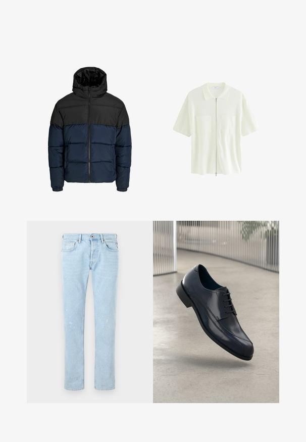 Jachetă puffer cu secțiune superioară neagră și secțiune inferioară bleumarin. Dispune de un sistem de închidere cu fermoar, glugă și manșete elastice. Textură netedă și căptușită.; Cămașă albă cu mânecă scurtă și fermoar, realizată dintr-un material texturat, având un guler și două buzunare frontale cu clapete pătrate.; Jeans din denim albastre deschise, cu un croi drept, având ușoare deteriorări, design standard cu cinci buzunare și închidere cu nasture.; Pantofii eleganți din piele veritabilă neagră, cu șireturi, plutind deasupra unui podea netedă, de culoare gri deschis, cu bare metalice verticale în fundal.