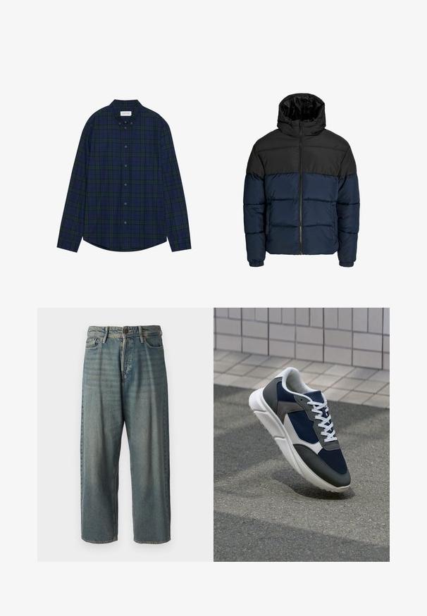 Pufová bunda s černou horní částí a námořnickou modrou spodní částí. Obsahuje zip, kapuci a elastické manžety. Hladký, polstrovaný povrch.; Námořnická a zelená kostkovaná košile s knoflíkovým zapínáním a zaobleným lemem, dlouhými rukávy a límečkem. Obsahuje dvanáct knoflíků. Měkká textilie.; Světle modré denimové džíny s volným střihem, středně vysokým pasem a rovnými nohavicemi. Obsahují pět kapes, poutka na opasek a zapínání na knoflík.; Tenisky s horní částí z námornicky modré síťoviny, šedými semišovými akcenty, bílou gumovou podrážkou a plochými bílými tkaničkami, navržené pro pohodlí a prodyšnost.