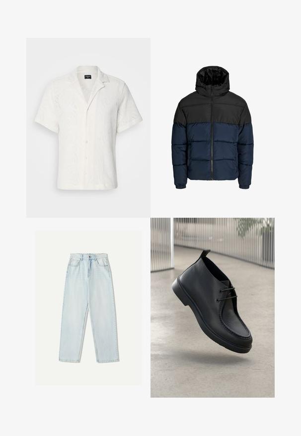 Daunenjacke mit einem schwarzen oberen Abschnitt und einem marineblauen unteren Abschnitt. Verfügt über einen Zipperverschluss, eine Kapuze und elastische Bündchen. Glatte, gepolsterte Textur.; Weißes kurzärmliges Hemd mit einem dezenten Wellenmuster und Knopfleiste. Hergestellt aus strukturiertem Stoff mit Kragen und einem lässigen Schnitt.; Helle blaue Denim-Jeans mit lässiger Passform, geradem Beindesign, Fünf-Taschen-Stil und dezentem Verblassen des Stoffes.; Schwarzer Lederschuh mit glatter Textur, abgerundeter Zehenform und Schnürdesign; verfügt über eine flache Sohle und einen Zugtab an der Rückseite.