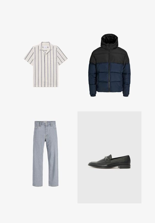 Puhasta jakna z zgornjim delom v črni barvi in spodnjim delom v mornarsko modri barvi. Ima zadrgo, kapuco in elastične manšete. Gladka, oblazinjena tekstura.; Srajca s kratkimi rokavi iz svetlobeznega blaga z dolgimi modrimi navpičnimi črtami, ki ima vprašeno sprednjo zapiranje in žep na prsih.; Svetlo modri kavbojki s sproščenim krojem, naravnost oblikovani nogi, vidnimi šivi, dvema sprednjima žepoma in gumbnim zapiranjem.; Črni usnjeni loafer z gladko površino, ki ima šivano zasnovo in dekorativni kovinski verižni naglas preko vampirja. Ravno peto.