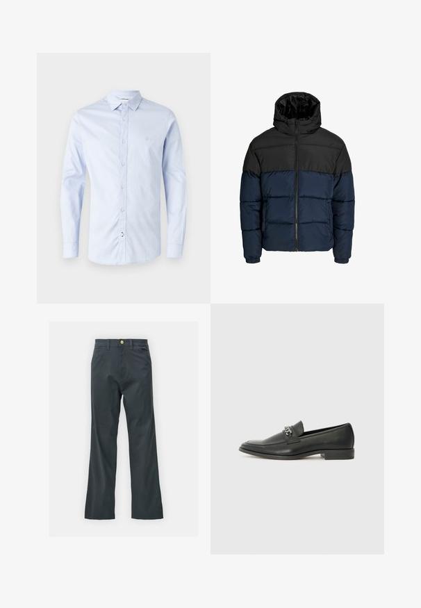 Puffatakki, jossa on musta yläosa ja tummansininen alaosa. Varustettu vetoketjutaskulla, hupulla ja joustavilla hihoilla. Sileä, pehmustettu pinta.; Vaaleansininen pitkähihaista napitettava paita, joka on valmistettu puuvillasta. Paidassa on klassinen kaulus, etunapit ja huomaamaton logo rinnassa.; Mustat housut suoran lahkeen leikkauksella, valmistettu puuvillasekoitekankaasta. Varustettu metallinappikiinnityksellä ja sivutaskuilla. Ei näkyviä kuvioita.; Musta nahkakengät, joissa on sileä pinta, koristeelliset ompeleet ja metalliketjun yksityiskohta kengän päällä. Littee korko.