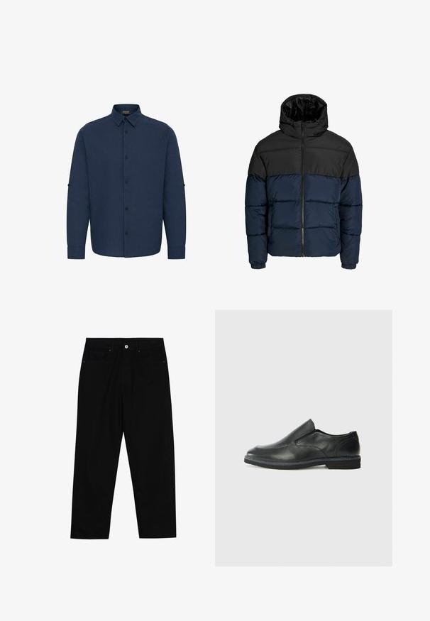 Manteau rembourré avec une partie supérieure noire et une partie inférieure bleu marine. Présente une fermeture éclair, une capuche et des poignets élastiques. Texture lisse et rembourrée.; Chemise à manches longues bleu marine avec un col à boutonnière, des boutons sur le devant et des pattes de manche roulées. Fabriquée dans un tissu texturé.; Pantalons en denim noir avec une coupe droite, un design à cinq poches et une fermeture à bouton à l'avant. Texture lisse avec des détails de couture minimaux.; Chaussure slip-on en cuir noir avec une tige lisse, des accents cousus, un bout arrondi et un petit talon en caoutchouc. La semelle présente un profil de traction minimal.