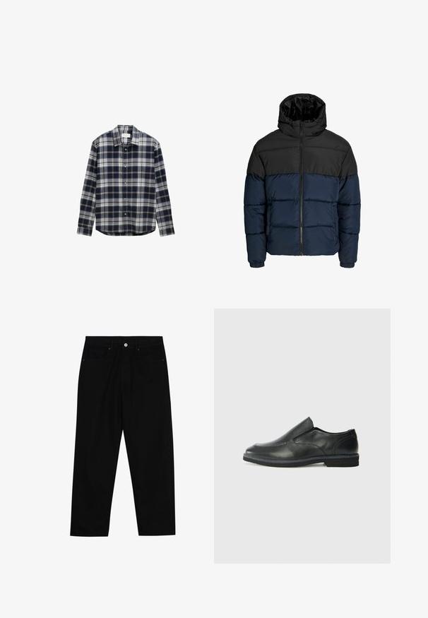 Puffjakker, mille ülemine osa on must ja alumine osa meri sinine. Omab lukuga sulgemist, kapuutsi ja elastseid mansette. Sile, polsterdatud tekstuur.; Tumesinine ja hall ruuduline pikkade varrukatega särk, millel on nööpidega krae ja eest nööbid, valmistatud pehmest, tekstureeritud kangast.; Mustadest denimist püksid, millel on sirge jalg, viie tasku disain ja eesnupuga sulgur. Sile tekstuur koos minimaalsete õmblustega.; Must musta laia suuga king, millel on sile ülemine osa, õmmeldud detailid, ümmargune nina ja madal kummist konts. Tallal on minimaalne mustr.