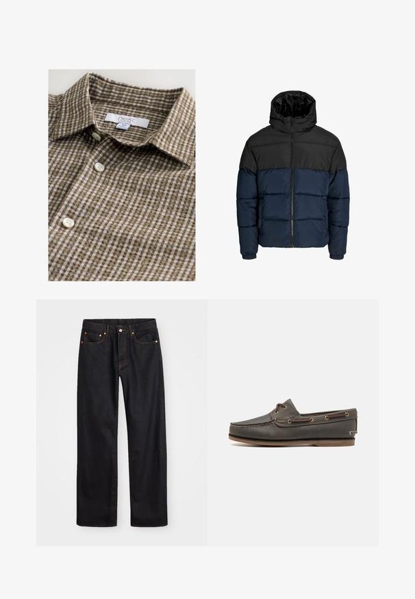 Daunenjacke mit einem schwarzen oberen Abschnitt und einem marineblauen unteren Abschnitt. Verfügt über einen Zipperverschluss, eine Kapuze und elastische Bündchen. Glatte, gepolsterte Textur.; Braun karierte Button-up-Hemd aus Stoff mit einer weichen Textur. Verfügt über einen klassischen Kragen und weiße Knöpfe. Etikett sichtbar.; Herren gerade geschnittene schwarze Jeans aus Denim mit fünf Taschen und orangefarbenen Nähten, Knopf- und Reißverschluss vorne am Bund.; Dunkelbraune Lederbootsschuh mit niedrigem Profil, ausgestattet mit Messingösen und kontrastierendem Stich, flacher Gummisohle und strukturiertem Finish.