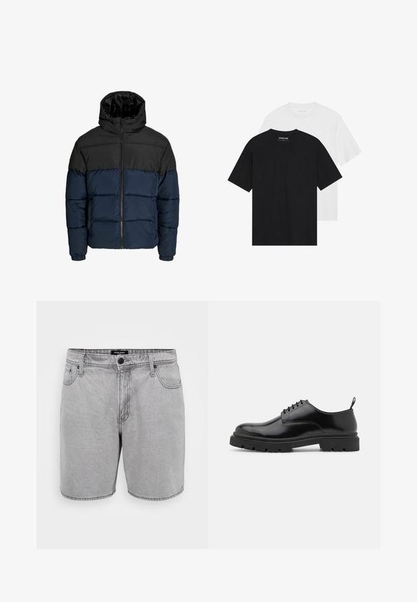 Pūšamo jaka ar melnu augšējo daļu un tumši zilā apakšējā daļā. Aprīkota ar rāvējslēdzēju, kapuci un elastīgiem piedurkņu galiem. Gluda, polsterēta tekstūra.; Divas krekli, viens melns un viens balts, ar īsām piedurknēm, apaļu kakla izgriezumu un gludu kokvilnas tekstūru. Zīmola etiķete redzama iekšpusē.; Pelēki džinsi šortos ar taisnu griezumu, ar priekšējiem kabatām, pogu aizdari un klasisku piecu kabatu dizainu.; Melnas ādas siksniņu kurpes ar apaļu purngalu, gludu tekstūru un ar rievotu gumijas zoli. Iezīmējas ar mazu papēdi un cilpu aizmugurē.