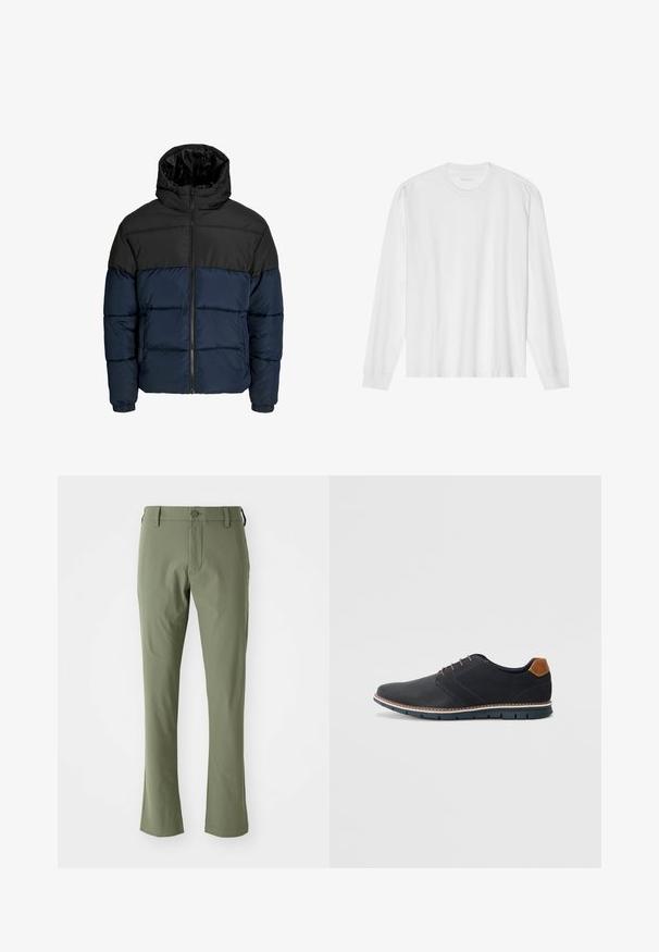 Puffjakke med svart øvre del og marineblå nedre del. Har glidelås, hette og elastiske mansjetter. Glatt, polstret tekstur.; Langarmet hvit t-skjorte i bomull med rund hals og ribbestrikkede mansjetter. Enkelt, uornamentert design med glatt tekstur og standard passform.; Grønne skreddersydde bukser med slim fit, laget av glatt stoff. Har glidelås foran, knappelukking og rette kanter.; Sorte syntetiske sko med en teksturert overdel, glatte detaljer, brun hæl og en kontrastfarge på sålen. Har minimalt snøring og sømdetaljer.