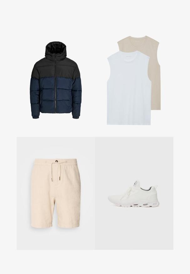 Donsjack met een zwart bovenstuk en een marineblauw onderstuk. Bevat een ritssluiting, capuchon en elastische manchetten. Soepele, gewatteerde textuur.; Twee mouwloze shirts: één wit, één lichtbeige. Beide hebben een ronde halslijn en zijn gemaakt van zacht, glad materiaal met een casual pasvorm.; Scotch & Soda SEASONAL CORE BERMUDA - Shorts - soft camel; Witte sportieve schoenen met een gestructureerde gebreide bovenkant, platte veters en een gevoerde zool met zichtbare luchtkamers voor extra ondersteuning.