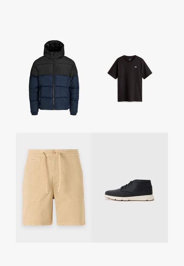 Donsjack met een zwart bovenstuk en een marineblauw onderstuk. Bevat een ritssluiting, capuchon en elastische manchetten. Soepele, gewatteerde textuur.; Zwarte katoenen t-shirt met korte mouwen en een ronde hals. Bevat een klein wit skateboardlogo op de borst. Eenvoudig ontwerp en snit.; Beige shorts van katoen, met een trekkoord in de taille, voorzakken en zichtbare stiksels. Eenvoudig, casual ontwerp.; Zwarte leren chukka boots met een witte rubberen zool, voorzien van ronde veters en een zijlogo dat op de hak is gedrukt. Glad oppervlak overal.