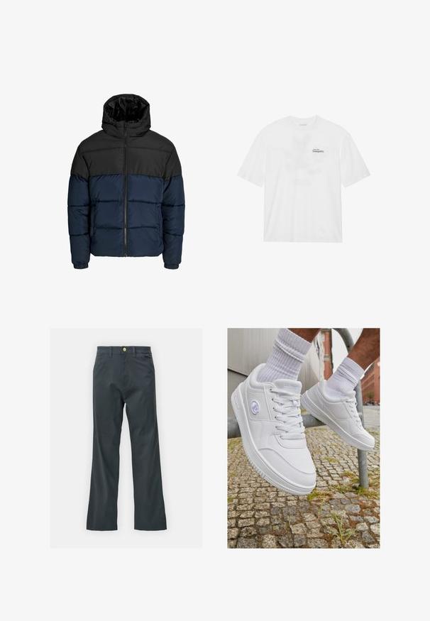 Fújtatott dzseki fekete felső résszel és tengerészkék alsó résszel. Cipzáras záródással, kapucnival és elasztikus mandzsettákkal rendelkezik. Simább, párnázott textúra.; Fehér pamut póló rövid ujjakkal, a mellrészen fekete és zöld felirattal, ami ezt olvassa: "Szállj a nyugalomba".; Fekete nadrág egyenes szárú fazonban, pamut keverék anyagból készült. Fém gombos záródással és oldalsó zsebekkel rendelkezik. Nincs látható mintázat.; Fehér edzőcipők sima szintetikus felsőrésszel, fűzős kialakítással, párnázott bokapánttal és logó részlettel az oldalon, köves háttér előtt.