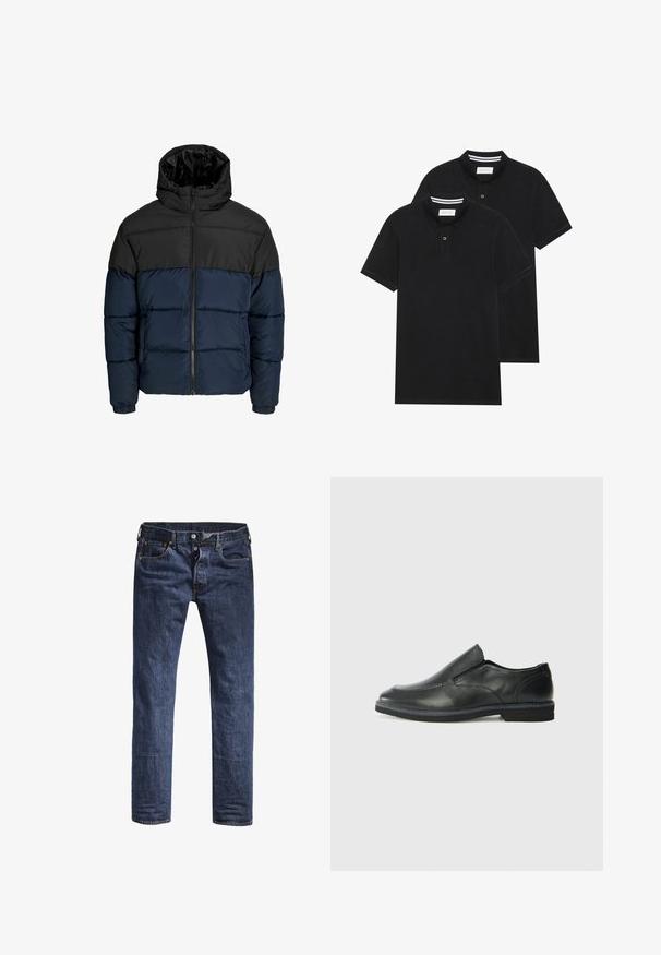 Chaqueta tipo puff con una sección superior negra y una sección inferior azul marino. Cuenta con un cierre de cremallera, capucha y puños elásticos. Textura suave y acolchada.; Dos camisetas polo negras, de manga corta, de material de algodón, que presentan un cuello clásico, una tapeta de dos botones y acentos de rayas blancas en el interior del cuello.; Jeans de denim azul oscuro con un corte slim, cinco bolsillos y una cinturilla estándar. Presenta costuras visibles y accesorios de metal.; Zapato negro de cuero sin cordones con un upper suave, detalles de costura, punta redonda y un bajo tacón de goma. La suela presenta una tracción mínima.