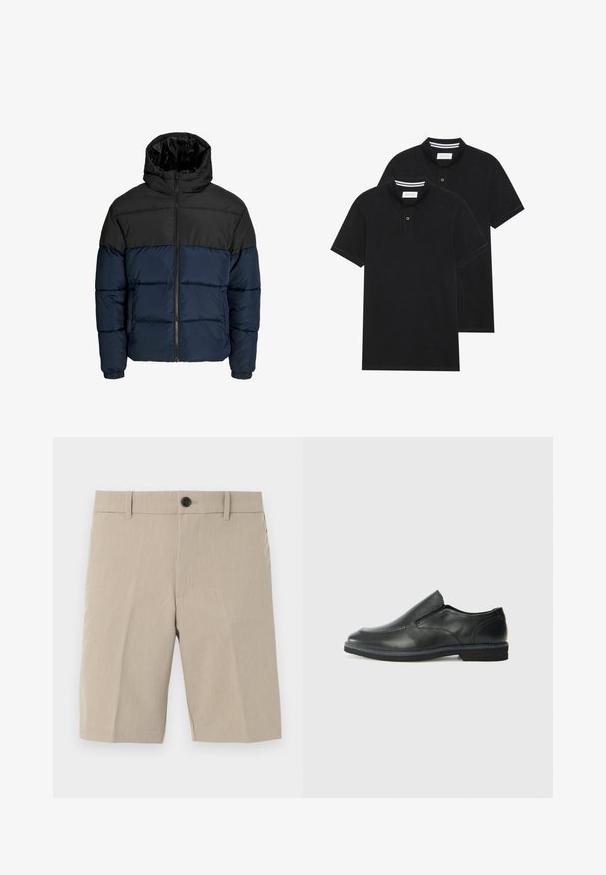 Pučiama striukė su juodu viršutiniu ir tamsiai mėlynu apatiniu skyriumi. Su užtrauktuku, gobtuvu ir elastingais rankogaliais. Lygus, paminkštintas paviršius.; Du žaidimų juodos polo marškiniai, trumpomis rankovėmis, pagaminti iš medvilnės, su klasikinėmis apykaklėmis, dviem mygtukais priekyje ir baltais dryžiais apykaklės viduje.; Šviesiai rudos šortai su plokščiu priekį, lengva tekstūra, vienu mygtuku užsegami, diržo kilpose ir dviem šoniniais kišenėmis. Prisiūtas siluetas su kelnių ilgiu iki kelių.; Juodai odiniai įtvirtinimo batai su lygiu paviršiumi, siuvinėjimo akcentais, apvalia nosimi ir žemu guminiu kulnu. Pado raštas minimalus.