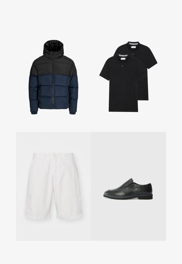 Jakna s punjenjem koja ima crni gornji deo i tamnoplavi donji deo. Ima zatvaranje na rajsferšlus, kapuljaču i elastične manžete. Glatka, podstavljena tekstura.; Dva crna polo majice, kratki rukavi, pamučni materijal, sa klasičnom ovratnikom, čepom sa dva gumba i bijelim prugastim detaljima unutar ovratnika.; Bijele pamučne šortse s ravnim prednjim dijelom, kopčanjem na gumbi i četiri džepa. Tkanina ima mekanu teksturu i dizajn ravnih nogavica.; Crne kožne cipele na sklapanje s glatkom gornjom površinom, prošivenim detaljima, zaobljenim vrhom i niskim gumene potplate. Potplat ima minimalne uzorke.
