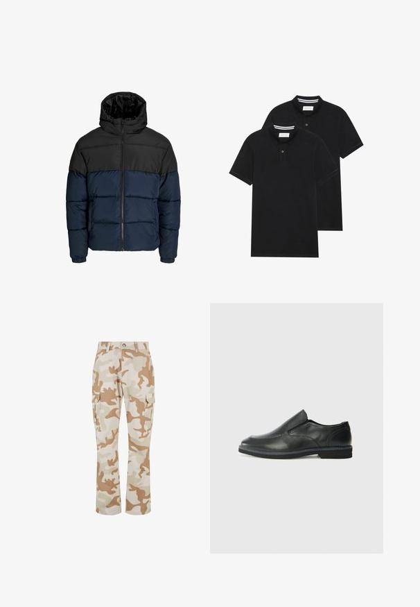 Puhasta jakna z zgornjim delom v črni barvi in spodnjim delom v mornarsko modri barvi. Ima zadrgo, kapuco in elastične manšete. Gladka, oblazinjena tekstura.; Dve črne polo majice, kratke rokave, iz bombažnega materiala, z klasik ovratnikom, dvobodno zaponko in belimi črtkami znotraj ovratnika.; Bež spodnje hlače u kamuflažni vzorcu s stranskimi žepi, izdelane iz tkanine z gladko teksturo, z ravnimi hlačnicami in gumbom za zapiranje.; Črne usnjene natikače z gladkim zgornjim delom, prišitimi detajli, zaobljenim nosom in nizkim gumijastim petkom. Podplat ima minimalen profil.