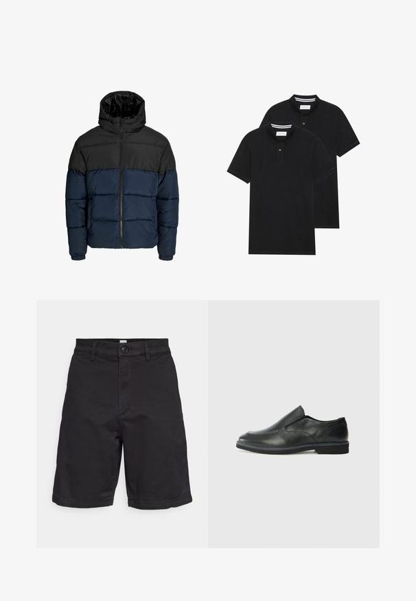 Pūšamo jaka ar melnu augšējo daļu un tumši zilā apakšējā daļā. Aprīkota ar rāvējslēdzēju, kapuci un elastīgiem piedurkņu galiem. Gluda, polsterēta tekstūra.; Divas melnas polo krekli, īsām piedurknēm, no kokvilnas materiāla, ar klasisku apkakli, divu pogu aizdari un balti svītroti akcenti apkakles iekšpusē.; GAP ESSENTIAL SHORT - Šorti - true black; Melnas ādas slip-on kurpes ar gludu augšdaļu, izšūtām akcentiem, noapaļotu purngala daļu un zemu gumijas papēdi. Zole ar minimālu rakstu.