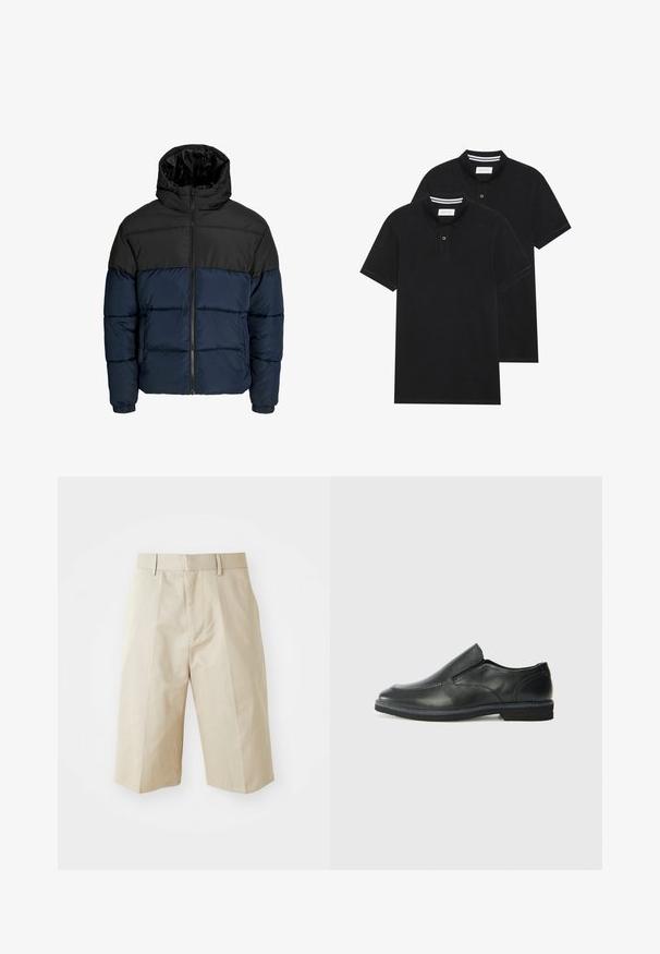 Giubbotto imbottito con la parte superiore nera e la parte inferiore blu navy. Presenta una chiusura con zip, cappuccio e polsini elastici. Texture liscia e imbottita.; Due magliette polo nere, con maniche corte, in cotone, con colletto classico, pattina a due bottoni e dettagli a righe bianche all'interno del colletto.; Pantaloni corti beige su misura con taglio dritto, dotati di passanti per cintura, frontale plissettato e una texture in cotone liscia. Senza tasche o dettagli aggiuntivi.; Scarpa nera in pelle con inserto scivolare, superiore liscio, dettagli cuciti, punta arrotondata e tacco in gomma basso. La suola presenta un battistrada minimale.