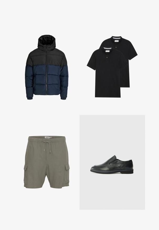 Jakna s punjenjem koja ima crni gornji deo i tamnoplavi donji deo. Ima zatvaranje na rajsferšlus, kapuljaču i elastične manžete. Glatka, podstavljena tekstura.; Dva crna polo majice, kratki rukavi, pamučni materijal, sa klasičnom ovratnikom, čepom sa dva gumba i bijelim prugastim detaljima unutar ovratnika.; Kargo šortsevi u maslinastozelenoj tkanini, sa pojasom na vezivanje, bočnim džepovima i laganim, teksturiranim materijalom.; Crne kožne cipele na sklapanje s glatkom gornjom površinom, prošivenim detaljima, zaobljenim vrhom i niskim gumene potplate. Potplat ima minimalne uzorke.