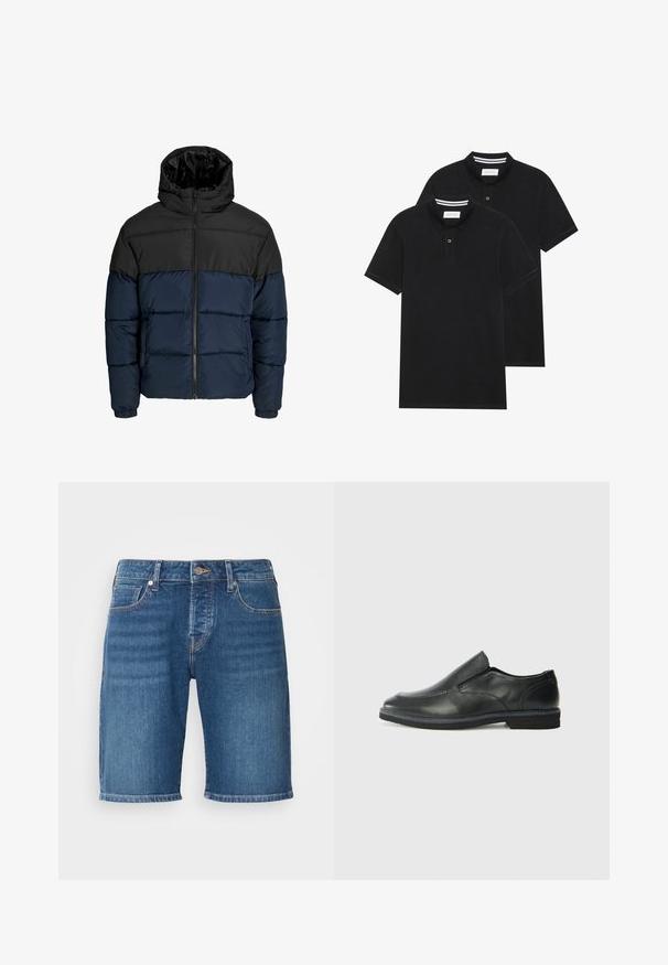 Pūšamo jaka ar melnu augšējo daļu un tumši zilā apakšējā daļā. Aprīkota ar rāvējslēdzēju, kapuci un elastīgiem piedurkņu galiem. Gluda, polsterēta tekstūra.; Divas melnas polo krekli, īsām piedurknēm, no kokvilnas materiāla, ar klasisku apkakli, divu pogu aizdari un balti svītroti akcenti apkakles iekšpusē.; Denim šorti vidējā zilā krāsā, ar taisnu piegriezumu, sarullētām malām un klasisku piecu kabatu dizainu, ar pogu aizdari un jostu cilpām.; Melnas ādas slip-on kurpes ar gludu augšdaļu, izšūtām akcentiem, noapaļotu purngala daļu un zemu gumijas papēdi. Zole ar minimālu rakstu.
