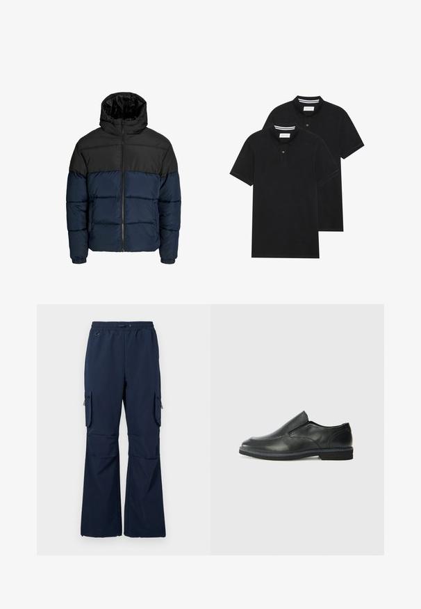 Fújtatott dzseki fekete felső résszel és tengerészkék alsó résszel. Cipzáras záródással, kapucnival és elasztikus mandzsettákkal rendelkezik. Simább, párnázott textúra.; Két fekete pólóing, rövid ujjú, pamut anyagból készült, klasszikus gallérral, két gombos gombolással, és fehér csíkos díszítéssel a gallér belső részén.; Sötétkék tehernadrág könnyű anyagból, húzózsinórral a deréknál, két oldalsó zsebbel és cipzáras cargo zsebekkel mindkét lábon.; Fekete bőr, slip-on cipő sima felsőrésszel, varrott díszítéssel, lekerekített orral és alacsony gumitalppal. A talpa minimális bordázattal rendelkezik.