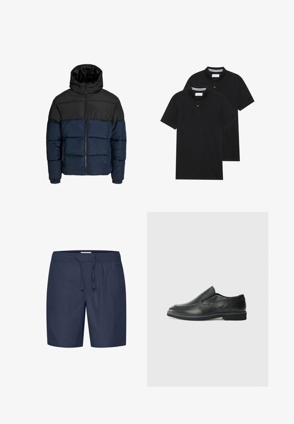 Jachetă puffer cu secțiune superioară neagră și secțiune inferioară bleumarin. Dispune de un sistem de închidere cu fermoar, glugă și manșete elastice. Textură netedă și căptușită.; Două tricouri polo negre, cu mânecă scurtă, din material de bumbac, având un guler clasic, deschidere cu două butoane și accente albe cu dungi în interiorul gulerului.; Casual Friday CFPHELIX LINEN MIX - Pantaloni scurți - navy blazer; Pantof de piele neagră, tip slip-on, cu un superior neted, accente cusute, vârf rotunjit și un toc jos din cauciuc. Talpa are un profil minim de aderență.